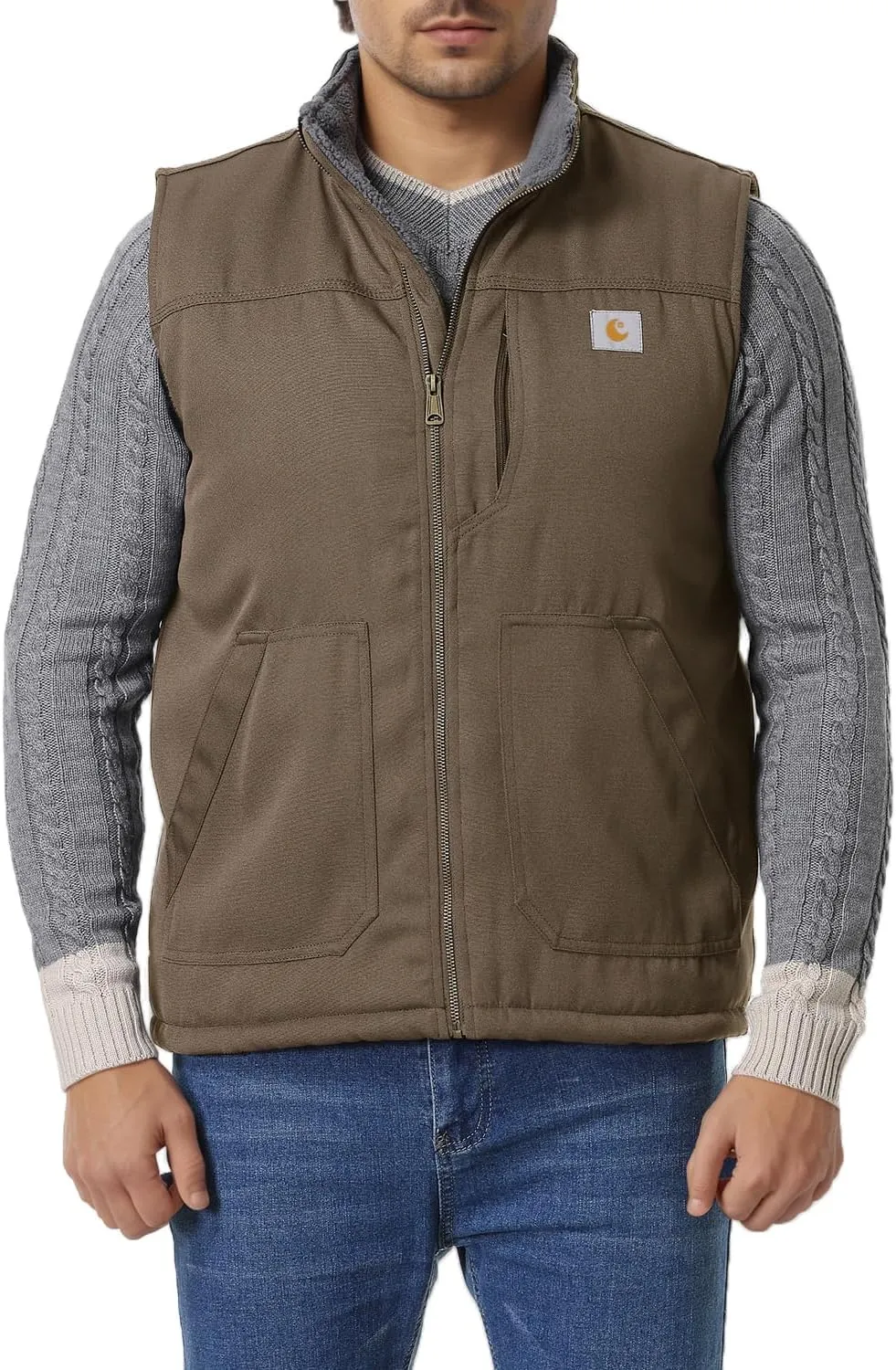 Men's Loose Fit Workwear Vest Fleece-Lined Durability Waterproof Mock-Neck Vest