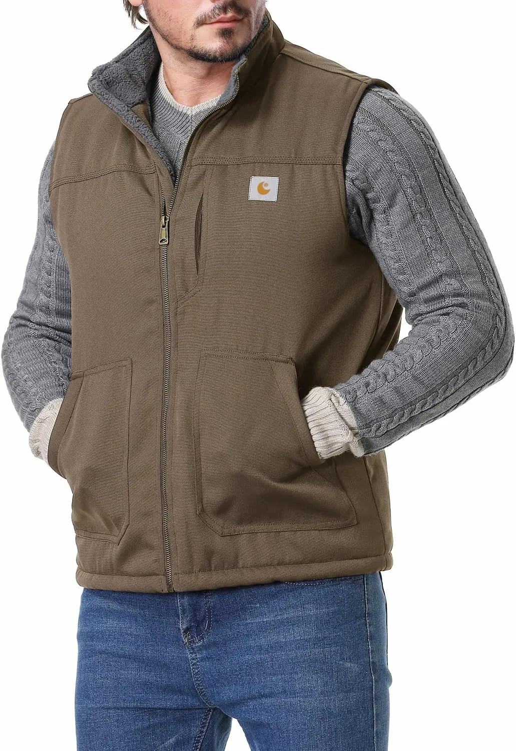 Men's Loose Fit Workwear Vest Fleece-Lined Durability Waterproof Mock-Neck Vest