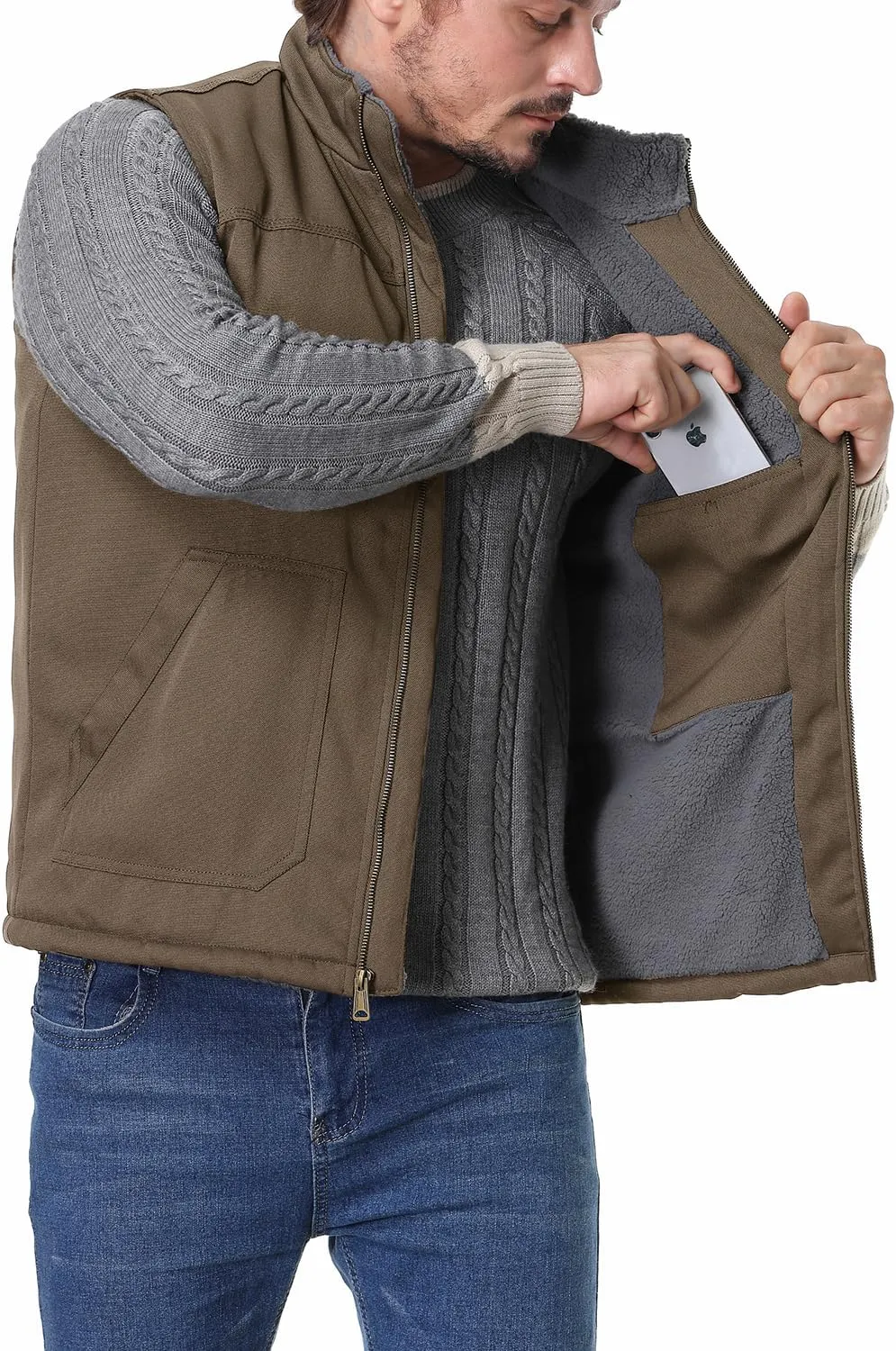 Men's Loose Fit Workwear Vest Fleece-Lined Durability Waterproof Mock-Neck Vest