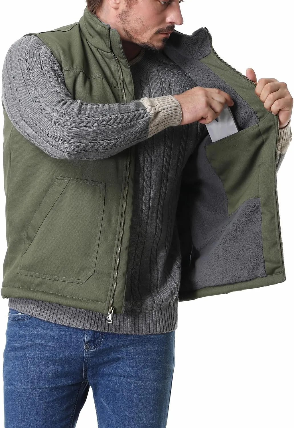 Men's Loose Fit Workwear Vest Fleece-Lined Durability Waterproof Mock-Neck Vest