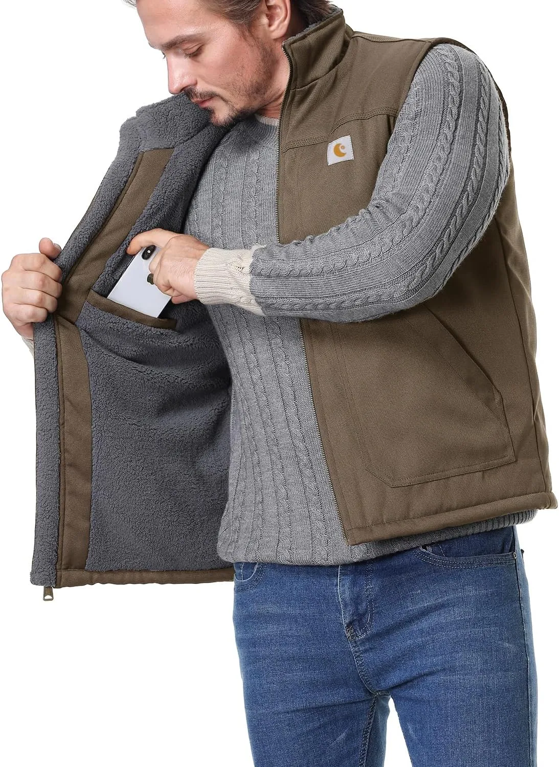 Men's Loose Fit Workwear Vest Fleece-Lined Durability Waterproof Mock-Neck Vest