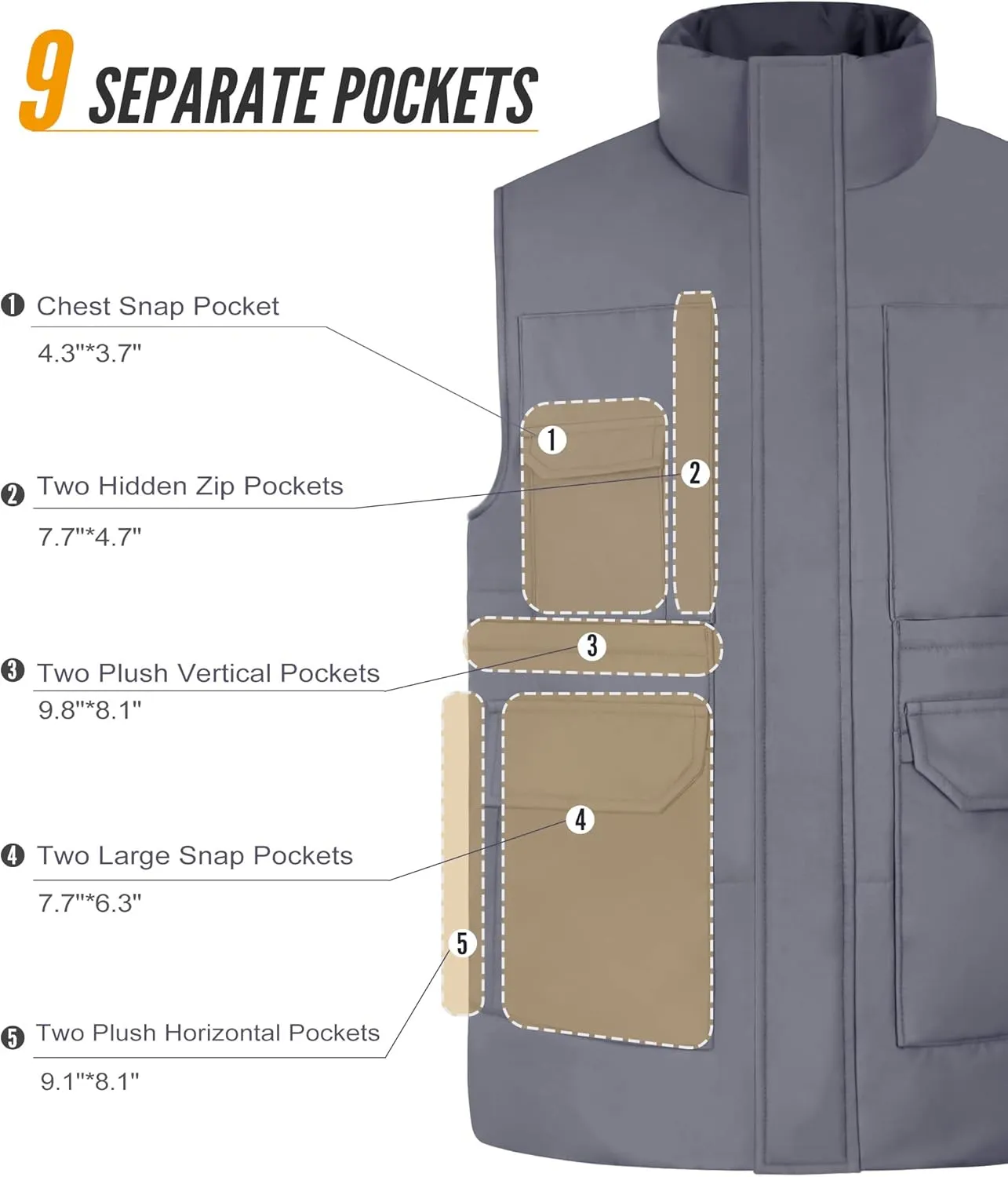 Men's Padded Puffer Vest Outdoor Water-Resistant Winter Vest for Men With 11 Cargo Pockets