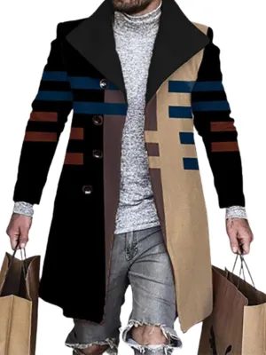 Men's Plaid Trench Coat 2024 Fall Winter Slim Fit Notch Collar Single Breasted Mid Long Peacoat