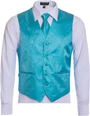 Men's Premium Paisley Vest Neck Tie Pocket Square Set Paisley Vest for Suits and Tuxedos-Many Colors