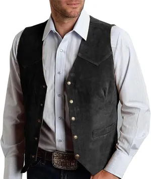 Mens Retro 5 Button Suede Suit Vest V Neck Leather Casual Waistcoat for Prom Banquet for Father Husband Gift Regular Fit