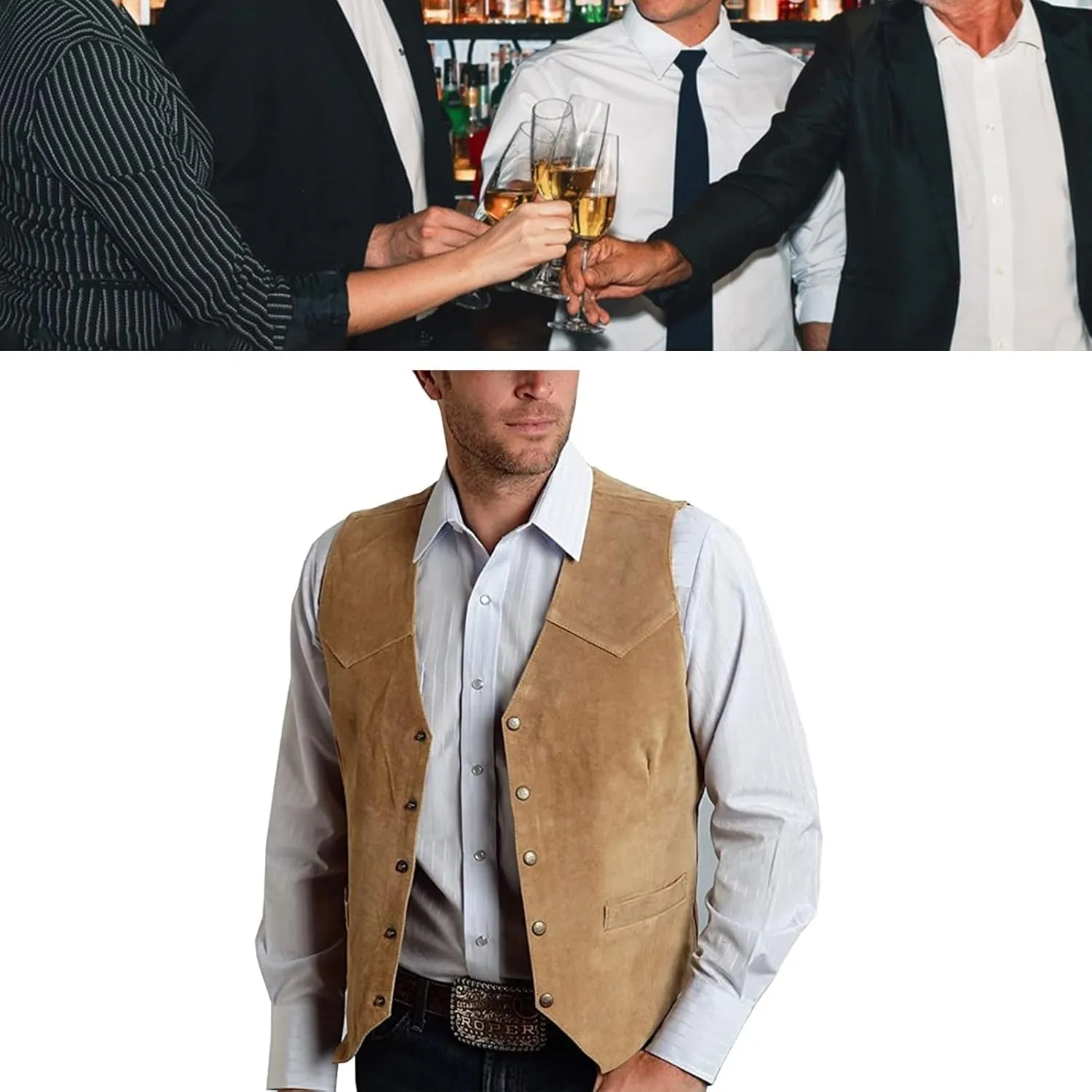 Mens Retro 5 Button Suede Suit Vest V Neck Leather Casual Waistcoat for Prom Banquet for Father Husband Gift Regular Fit