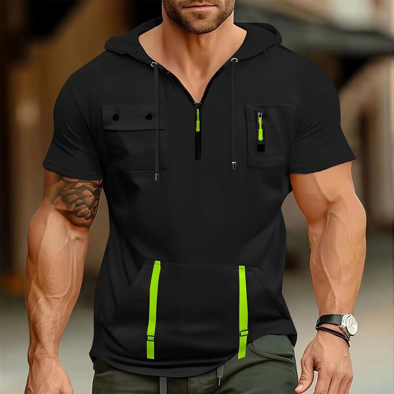Mens Shirts Hoodies for Men Short Sleeve Quarter Zip Hoodie Tops Lightweight Oversized Hooded Tshirts with Pocket