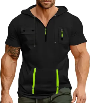 Mens Shirts Hoodies for Men Short Sleeve Quarter Zip Hoodie Tops Lightweight Oversized Hooded Tshirts with Pocket