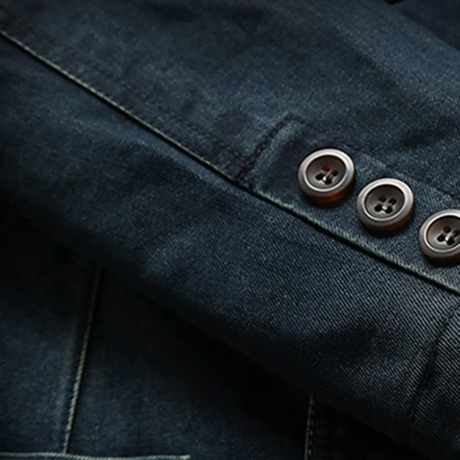 Men`s Vintage Label Collar Denim Jeans Jacket Trench Coat Three Button Business Blazer Jacket with Pockets
