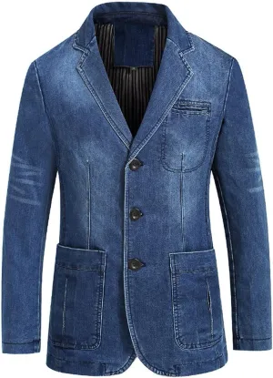 Men`s Vintage Label Collar Denim Jeans Jacket Trench Coat Three Button Business Blazer Jacket with Pockets