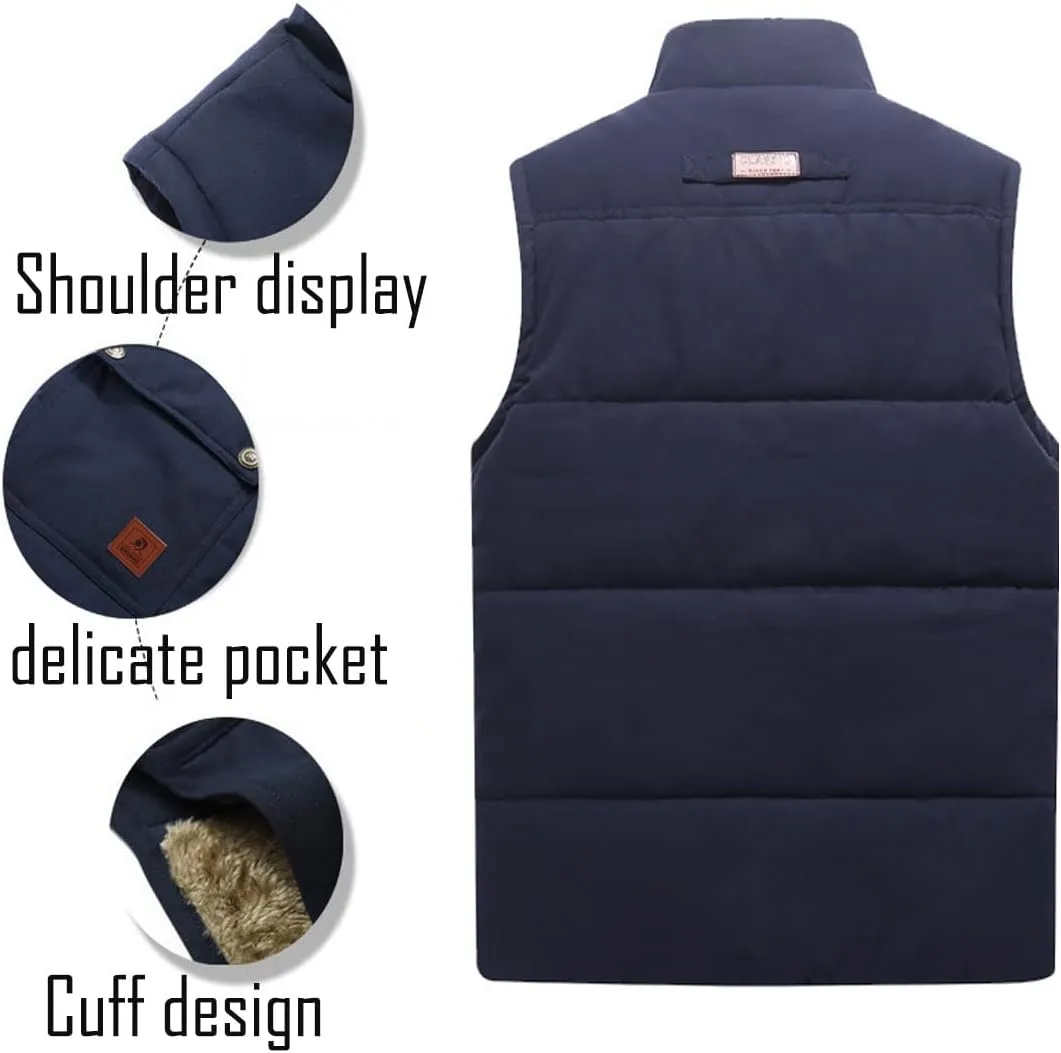 Men's Winter Warm Outdoor Padded Puffer Vest Thick Fleece Lined Sleeveless Jacket