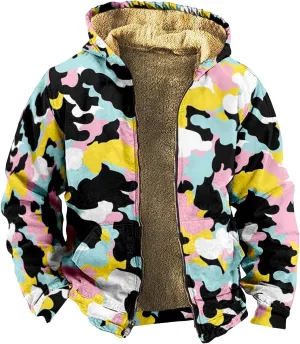 Mens Zip Up Hoodie Heavyweight Camo Hoodie Thick Fleece Lined Jacket Fall Fashion Coat Warm Winter Outwear