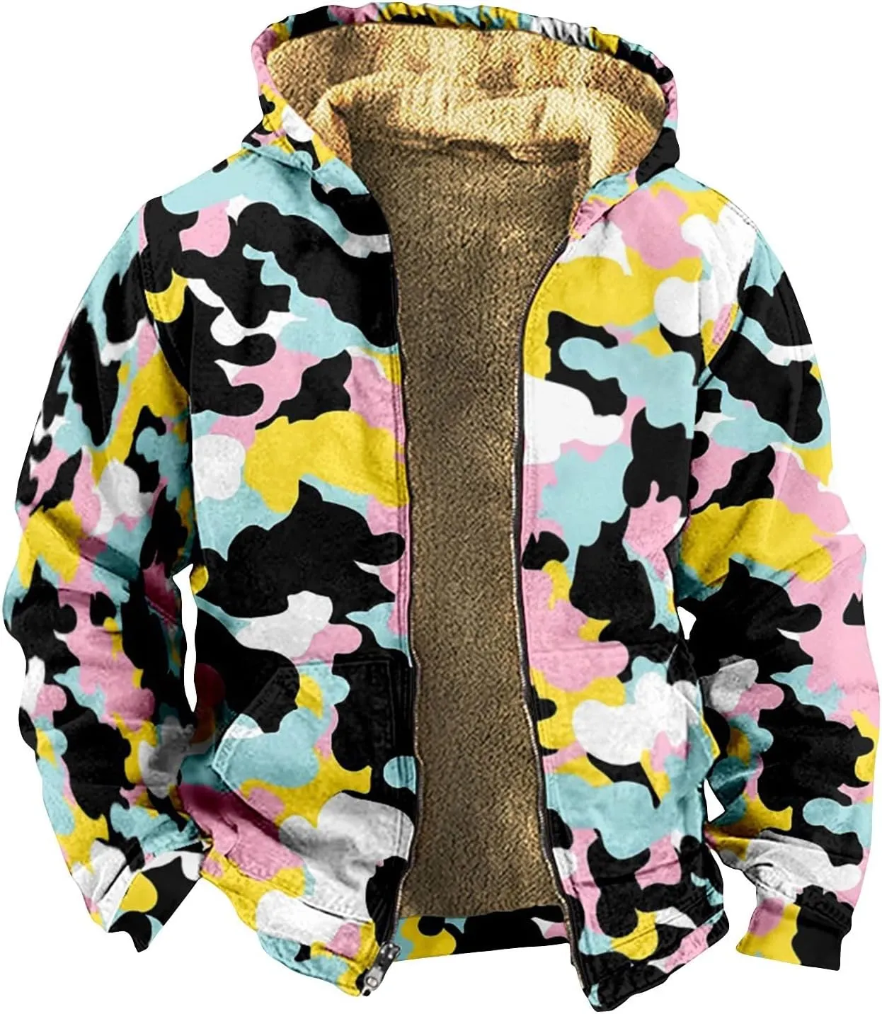 Mens Zip Up Hoodie Heavyweight Camo Hoodie Thick Fleece Lined Jacket Fall Fashion Coat Warm Winter Outwear
