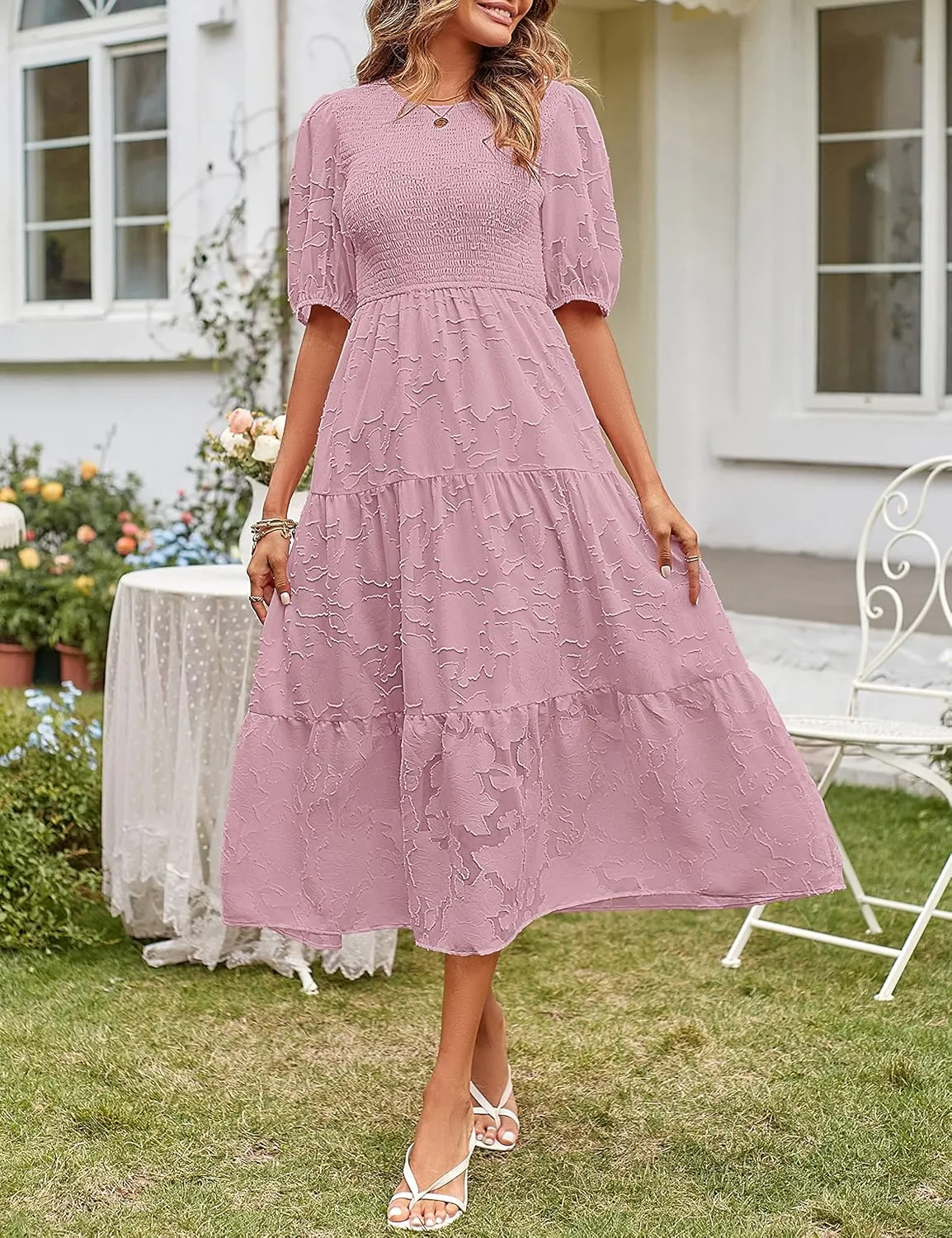 MEROKEETY Women's 2025 Summer Puff Sleeve Smocked Floral Dress Crewneck Lace Flowy Tiered Midi Dresses