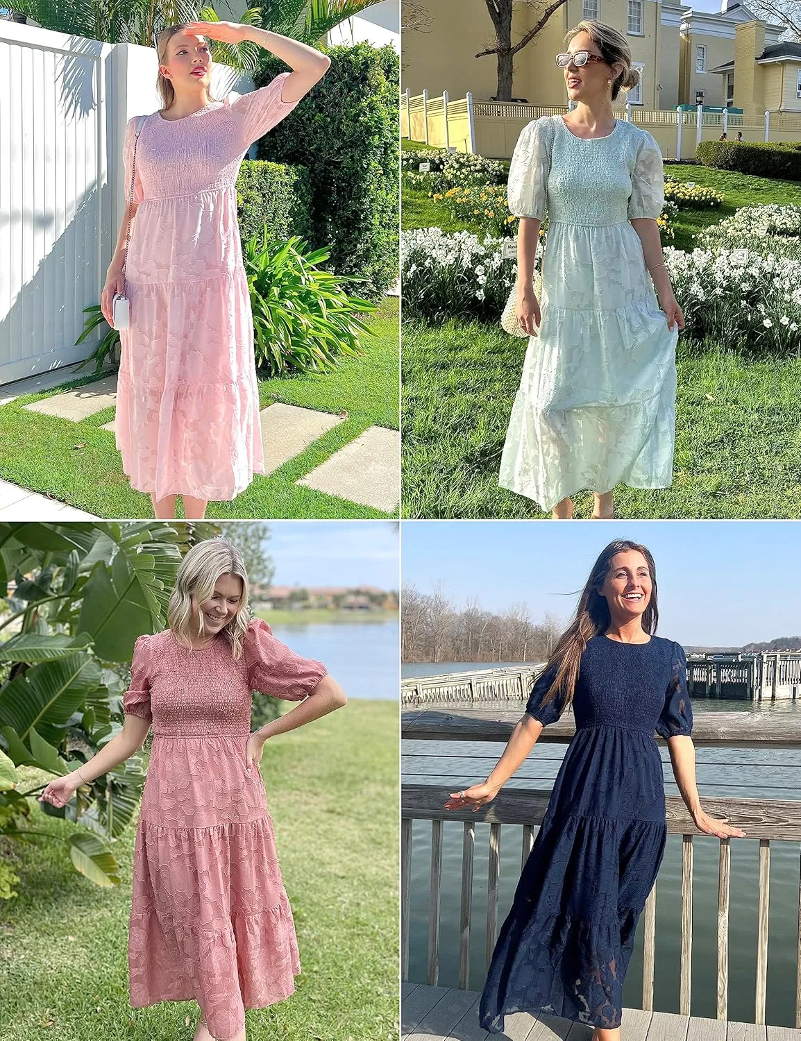 MEROKEETY Women's 2025 Summer Puff Sleeve Smocked Floral Dress Crewneck Lace Flowy Tiered Midi Dresses