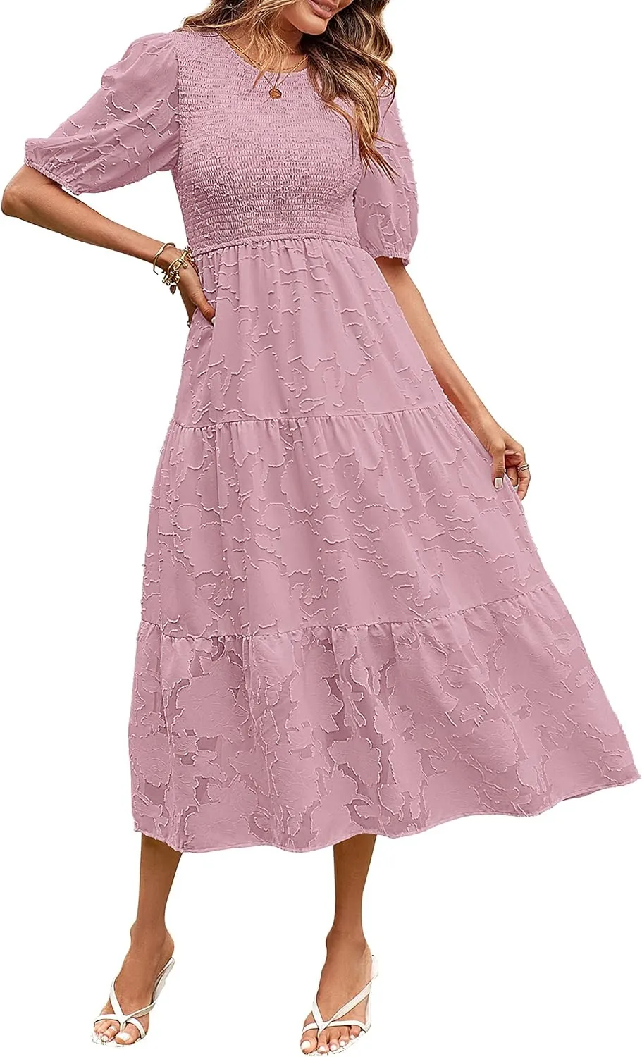 MEROKEETY Women's 2025 Summer Puff Sleeve Smocked Floral Dress Crewneck Lace Flowy Tiered Midi Dresses