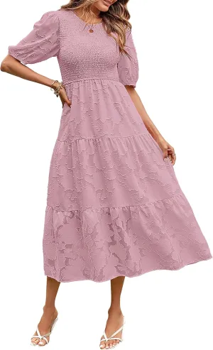 MEROKEETY Women's 2025 Summer Puff Sleeve Smocked Floral Dress Crewneck Lace Flowy Tiered Midi Dresses