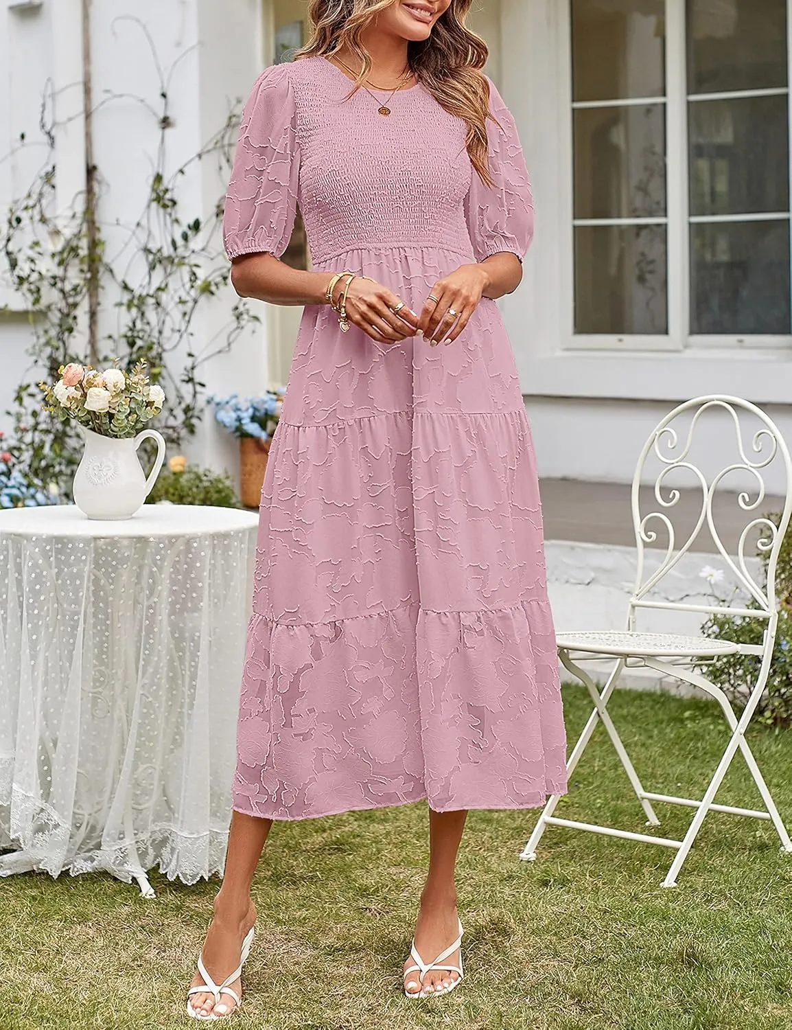 MEROKEETY Women's 2025 Summer Puff Sleeve Smocked Floral Dress Crewneck Lace Flowy Tiered Midi Dresses