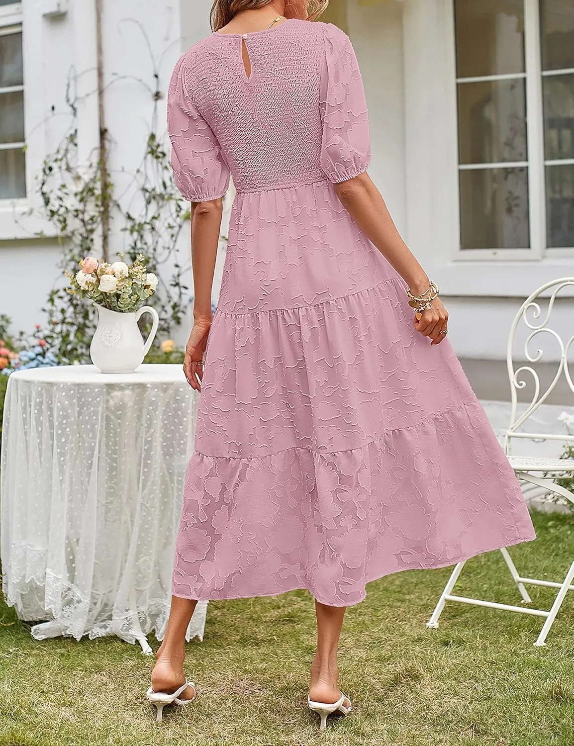 MEROKEETY Women's 2025 Summer Puff Sleeve Smocked Floral Dress Crewneck Lace Flowy Tiered Midi Dresses