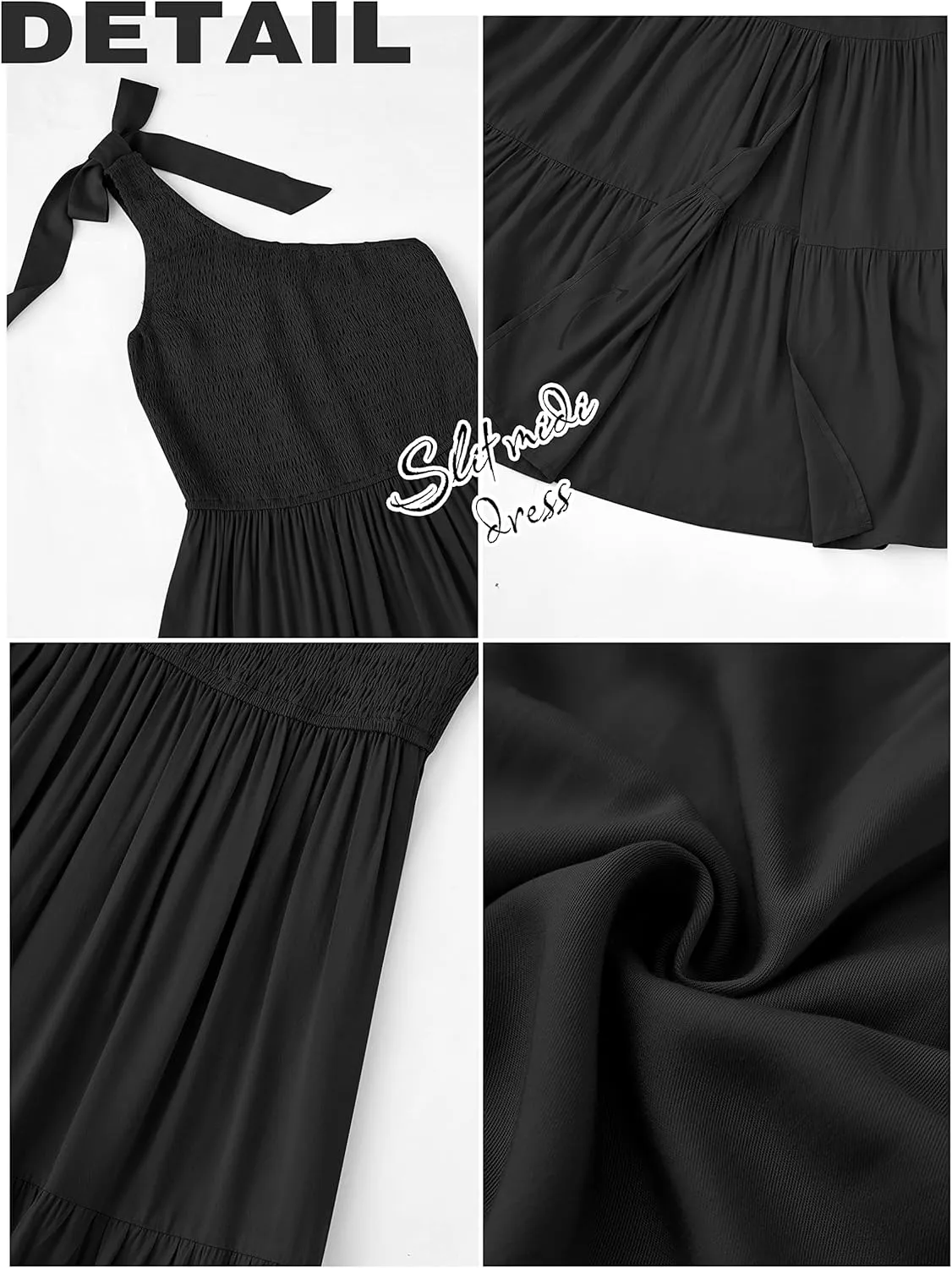 MEROKEETY Women's Summer One Shoulder Sleeveless Knot Smocked Midi Dress Split Tiered Flowy Dresses