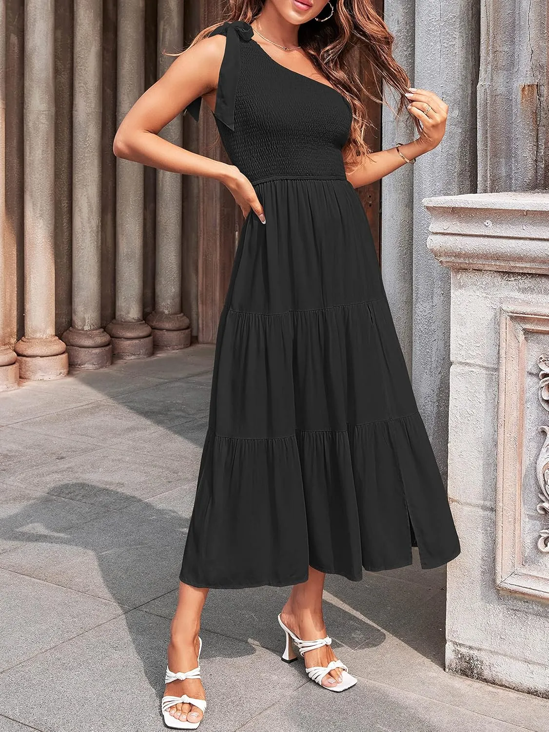 MEROKEETY Women's Summer One Shoulder Sleeveless Knot Smocked Midi Dress Split Tiered Flowy Dresses