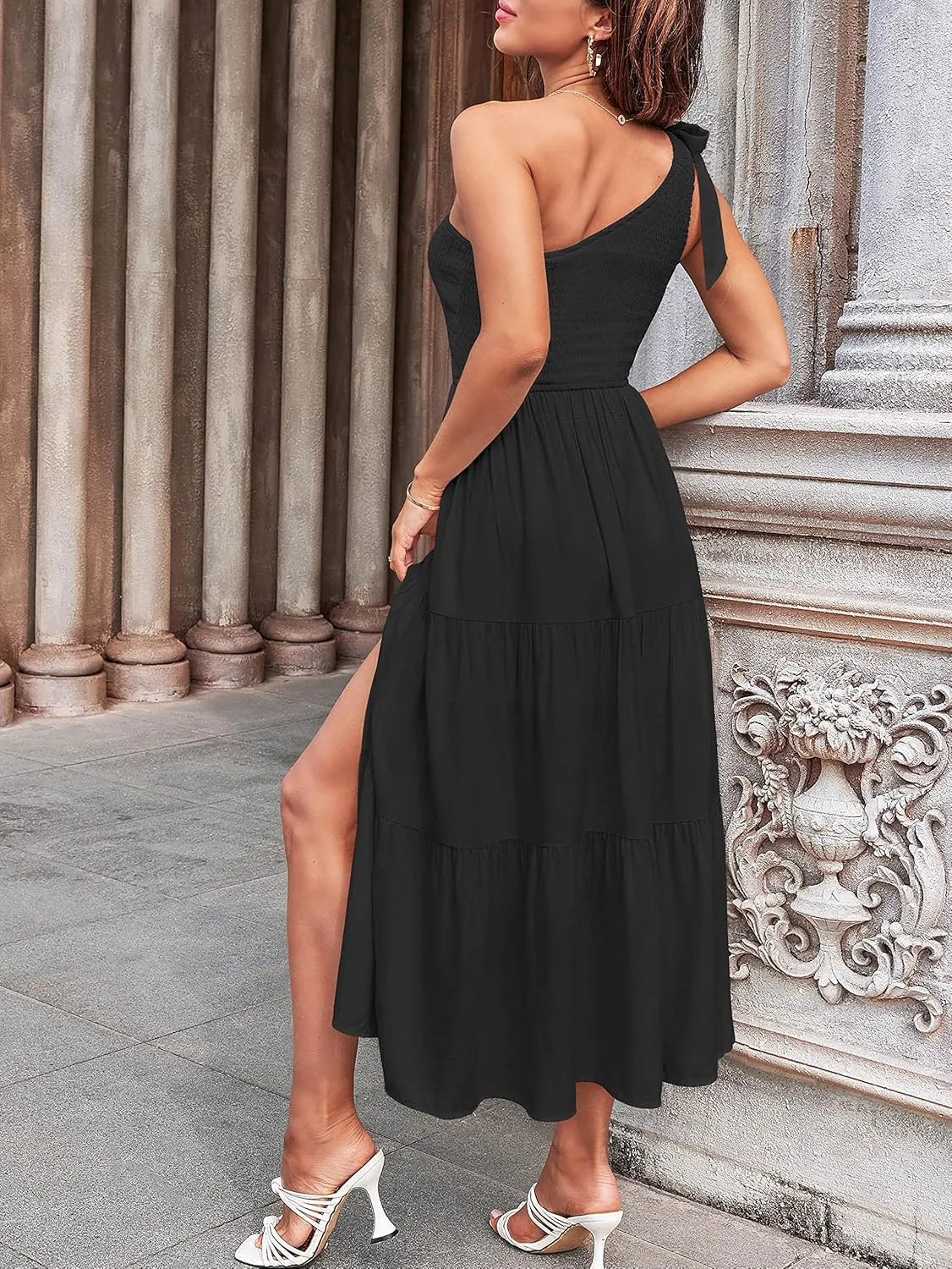 MEROKEETY Women's Summer One Shoulder Sleeveless Knot Smocked Midi Dress Split Tiered Flowy Dresses
