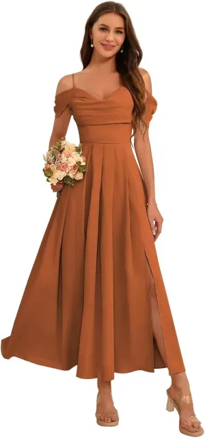 Miao Duo Women's Cold Shoulder Chiffon Bridesmaid Dresses Long Ruched A Line Formal Gown with Slit YZTS202