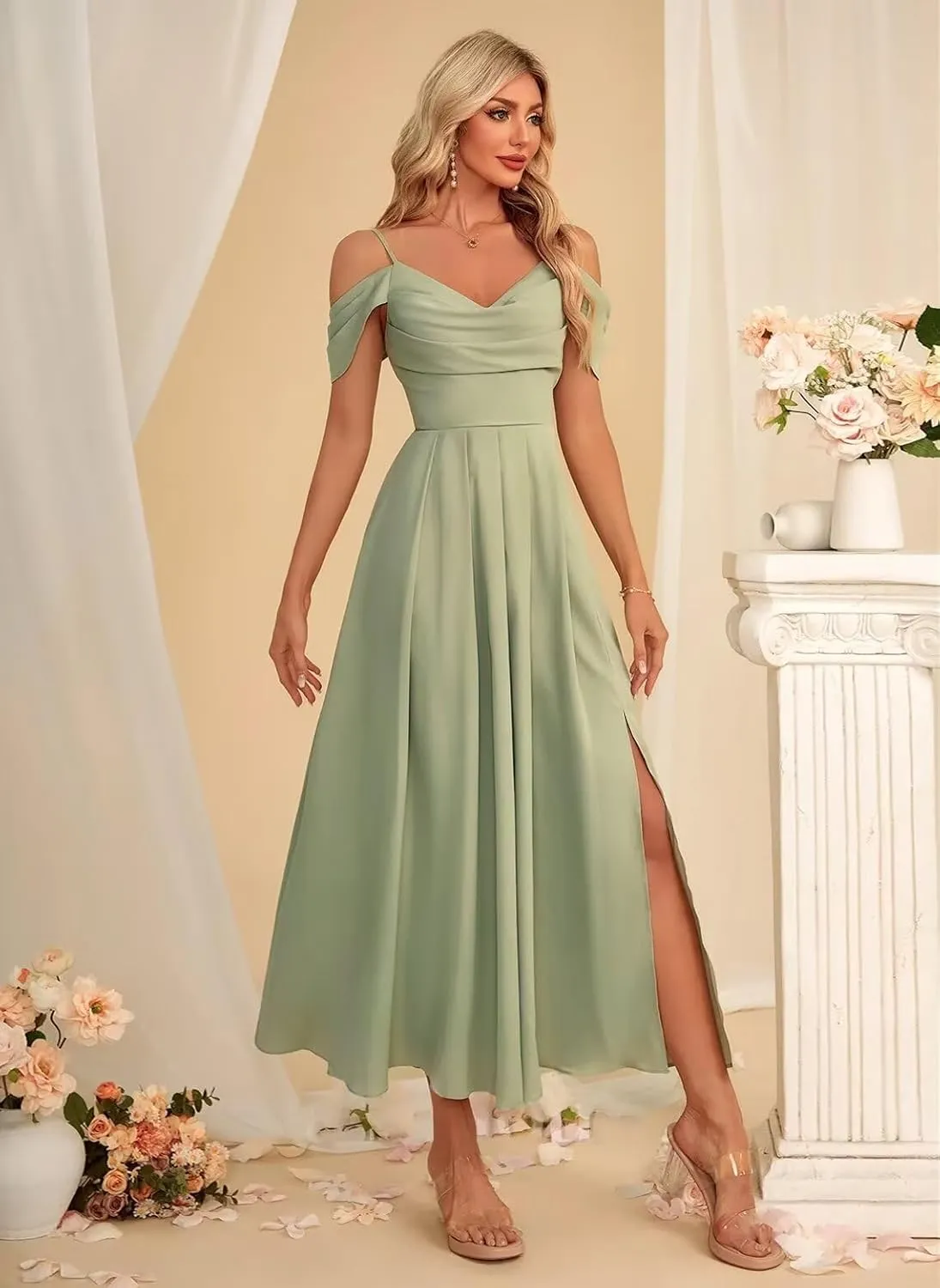 Miao Duo Women's Cold Shoulder Chiffon Bridesmaid Dresses Long Ruched A Line Formal Gown with Slit YZTS202