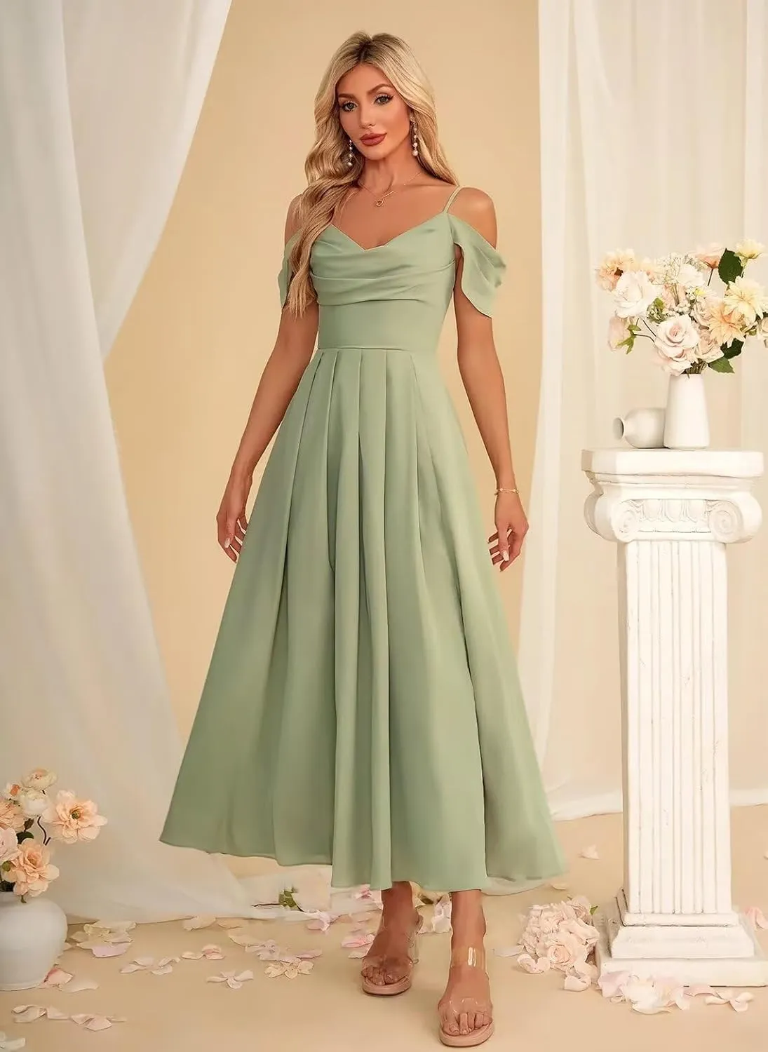 Miao Duo Women's Cold Shoulder Chiffon Bridesmaid Dresses Long Ruched A Line Formal Gown with Slit YZTS202