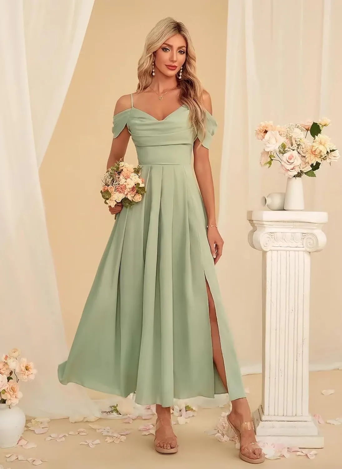 Miao Duo Women's Cold Shoulder Chiffon Bridesmaid Dresses Long Ruched A Line Formal Gown with Slit YZTS202