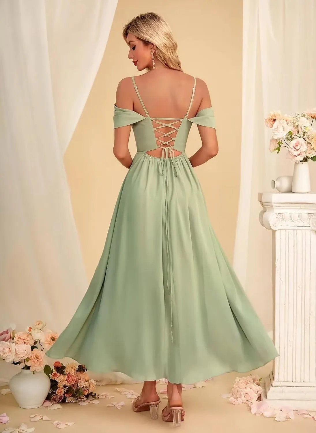 Miao Duo Women's Cold Shoulder Chiffon Bridesmaid Dresses Long Ruched A Line Formal Gown with Slit YZTS202