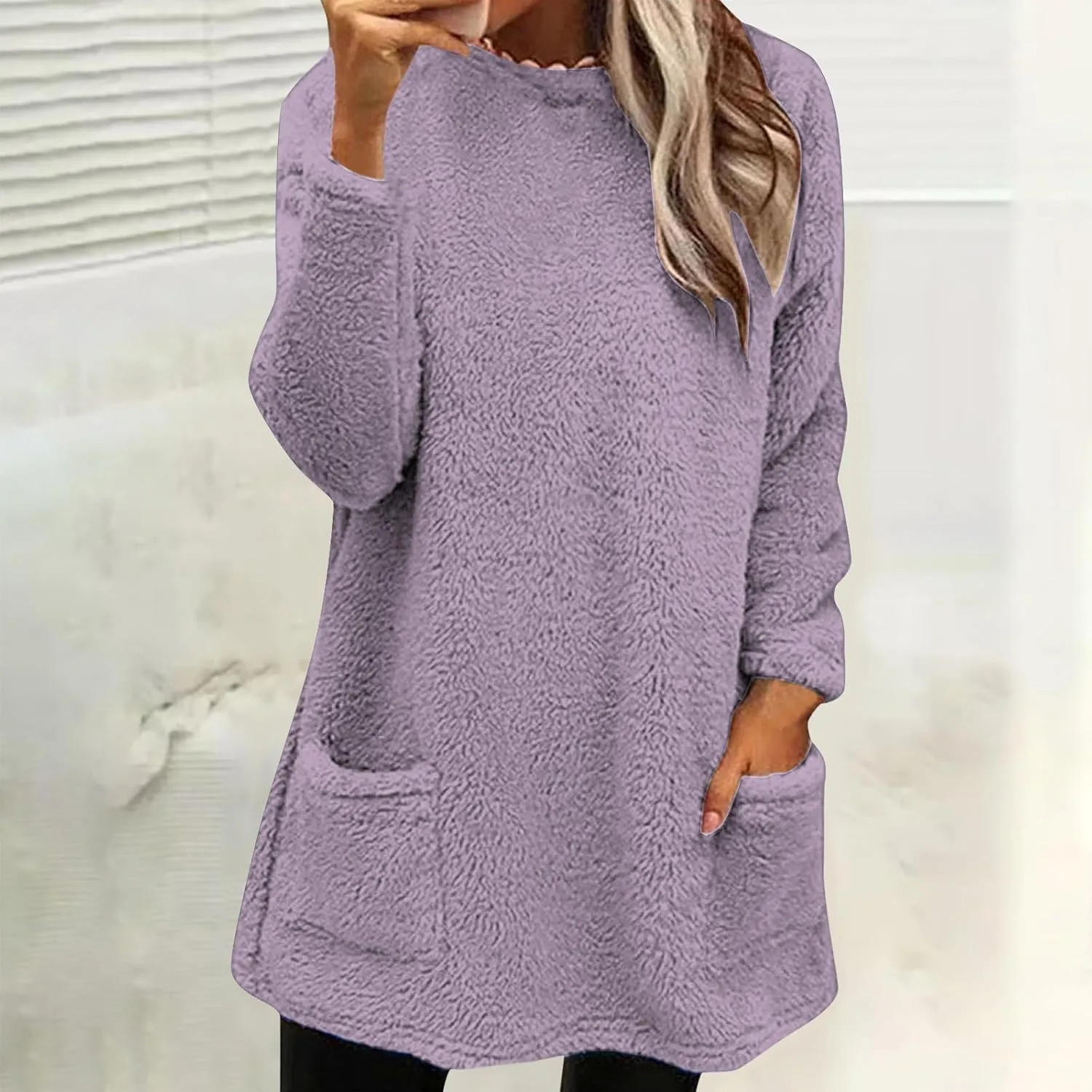 midelxp 2024 Soft Sherpa Pullover Womens Oversized Fuzzy Fleece Crewneck Sweatshirts Winter Faux Fur Loungewear with Pockets