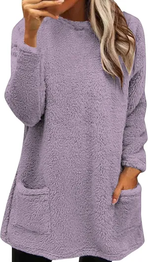 midelxp 2024 Soft Sherpa Pullover Womens Oversized Fuzzy Fleece Crewneck Sweatshirts Winter Faux Fur Loungewear with Pockets