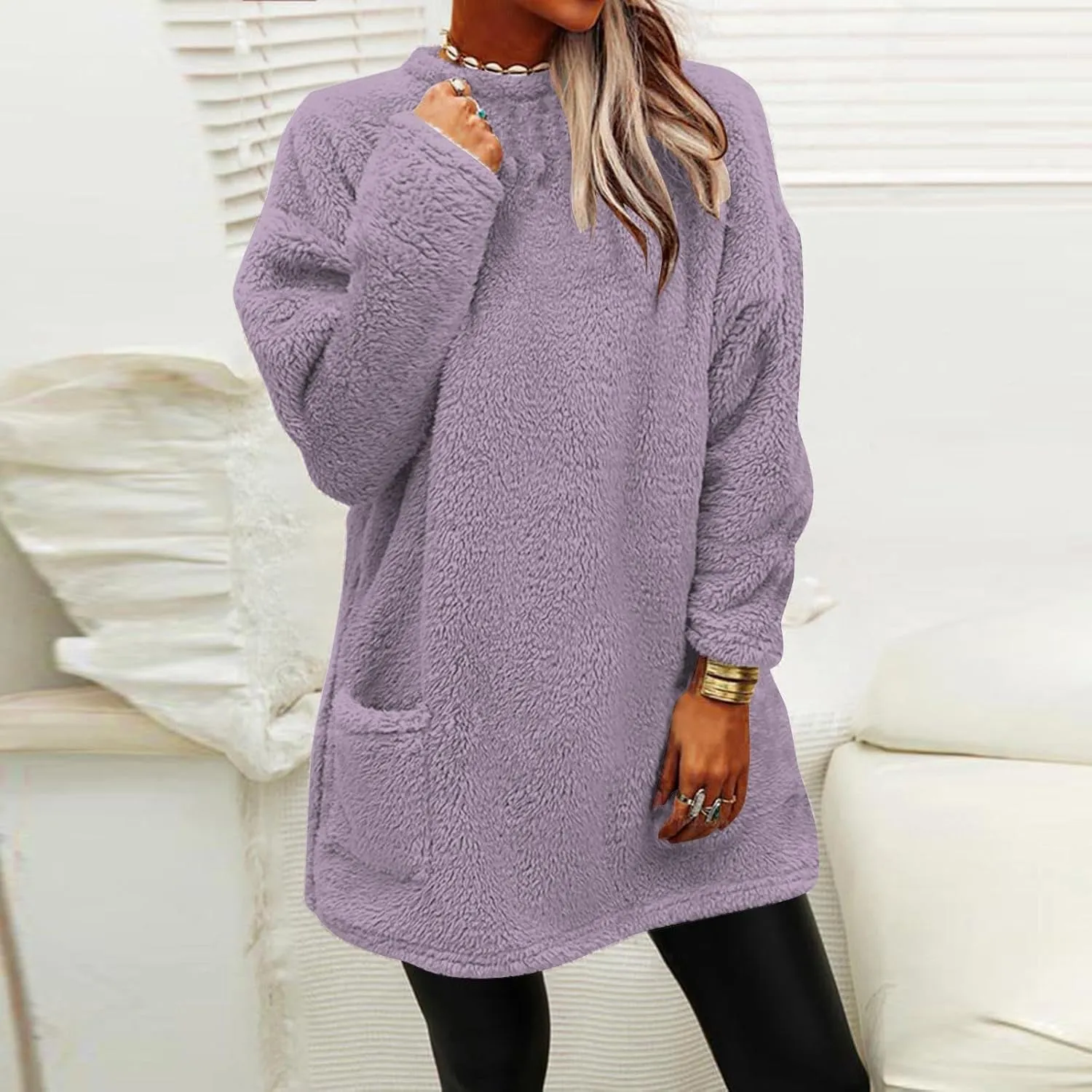 midelxp 2024 Soft Sherpa Pullover Womens Oversized Fuzzy Fleece Crewneck Sweatshirts Winter Faux Fur Loungewear with Pockets