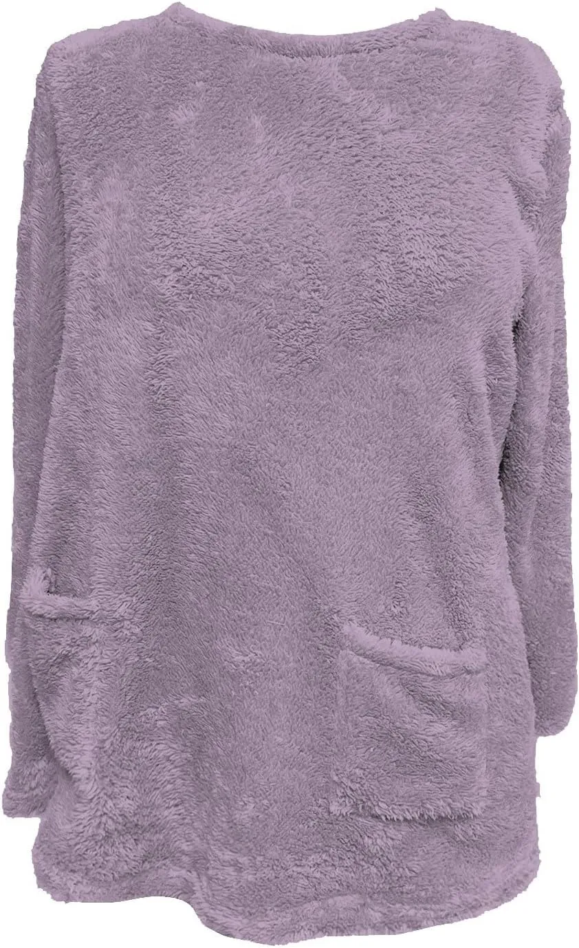 midelxp 2024 Soft Sherpa Pullover Womens Oversized Fuzzy Fleece Crewneck Sweatshirts Winter Faux Fur Loungewear with Pockets
