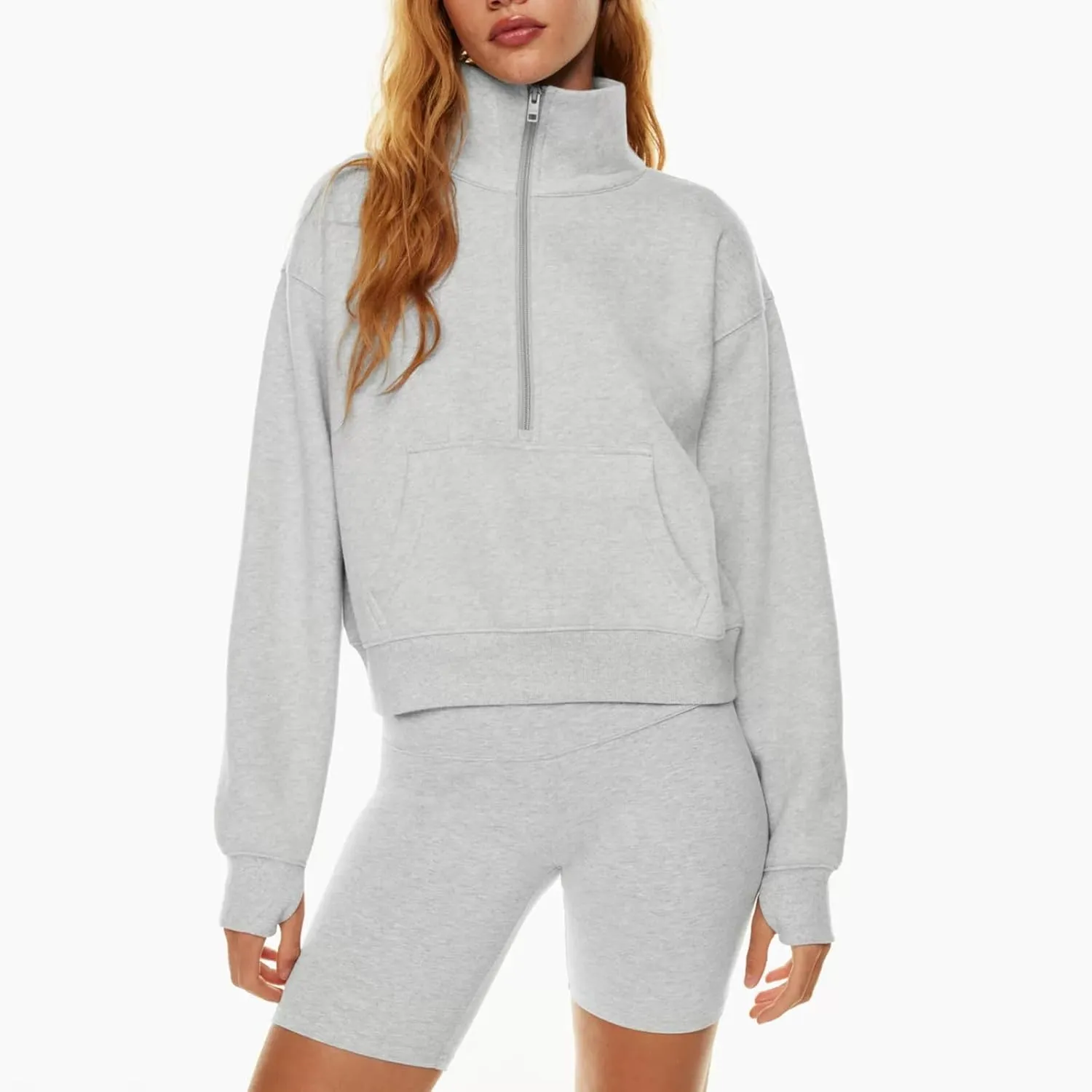 midelxp Womens Cropped Zip Up Hoodie Casual Fleece Stand Collar Sweatshirt Loose Quarter Zip Long Sleeve Pullover Sports Top