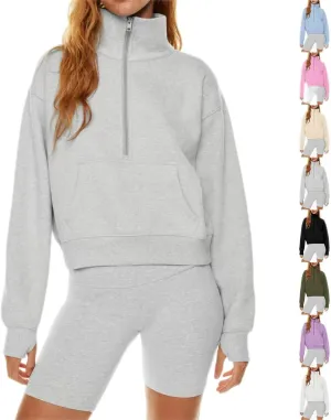 midelxp Womens Cropped Zip Up Hoodie Casual Fleece Stand Collar Sweatshirt Loose Quarter Zip Long Sleeve Pullover Sports Top