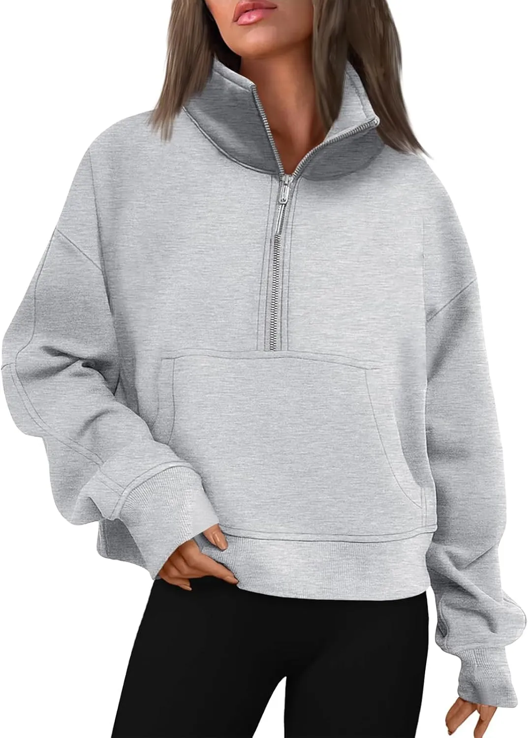midelxp Womens Cropped Zip Up Hoodie Casual Fleece Stand Collar Sweatshirt Loose Quarter Zip Long Sleeve Pullover Sports Top