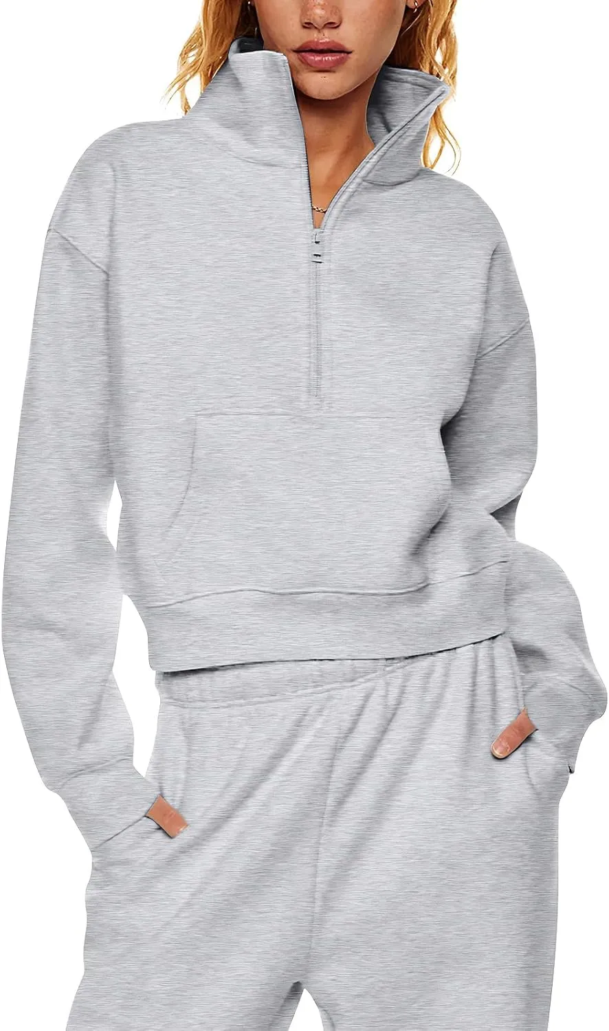 midelxp Womens Cropped Zip Up Hoodie Casual Fleece Stand Collar Sweatshirt Loose Quarter Zip Long Sleeve Pullover Sports Top
