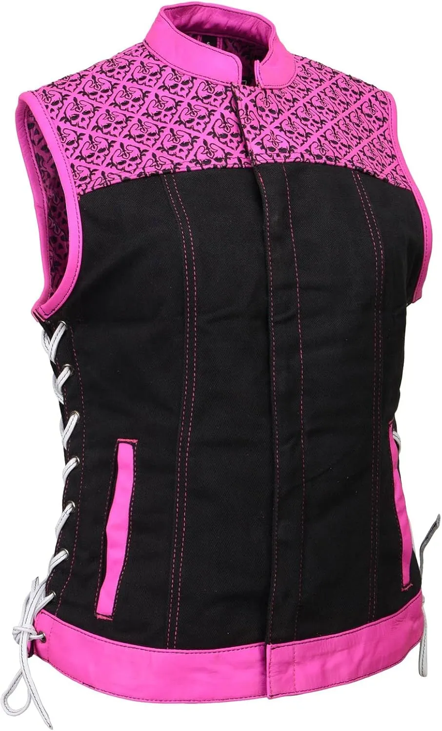 Milwaukee Leather MDL4051 Women's 'Skelly' Black with Pink Motorcycle Denim Vest w/Skull Embroidery - X-Large