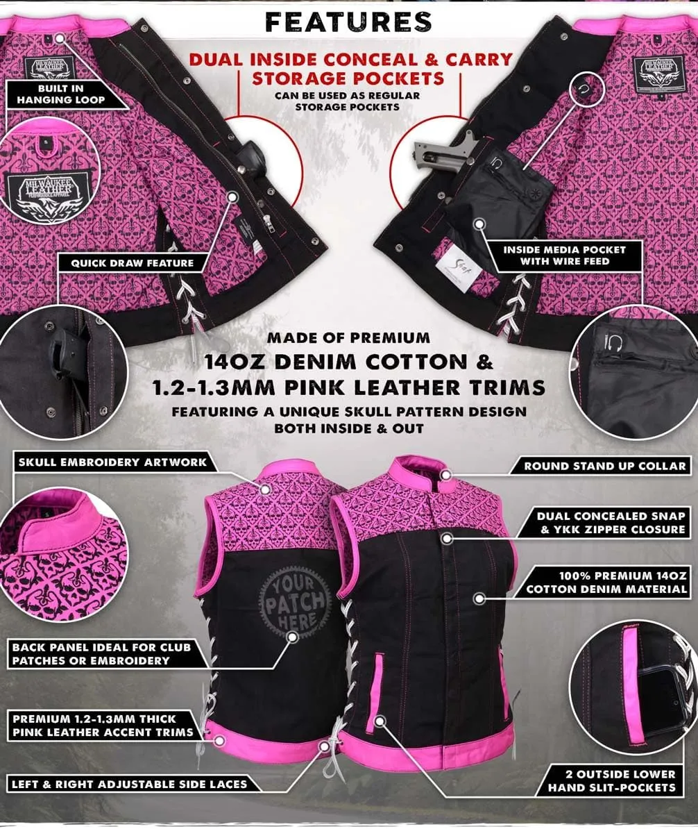 Milwaukee Leather MDL4051 Women's 'Skelly' Black with Pink Motorcycle Denim Vest w/Skull Embroidery - X-Large