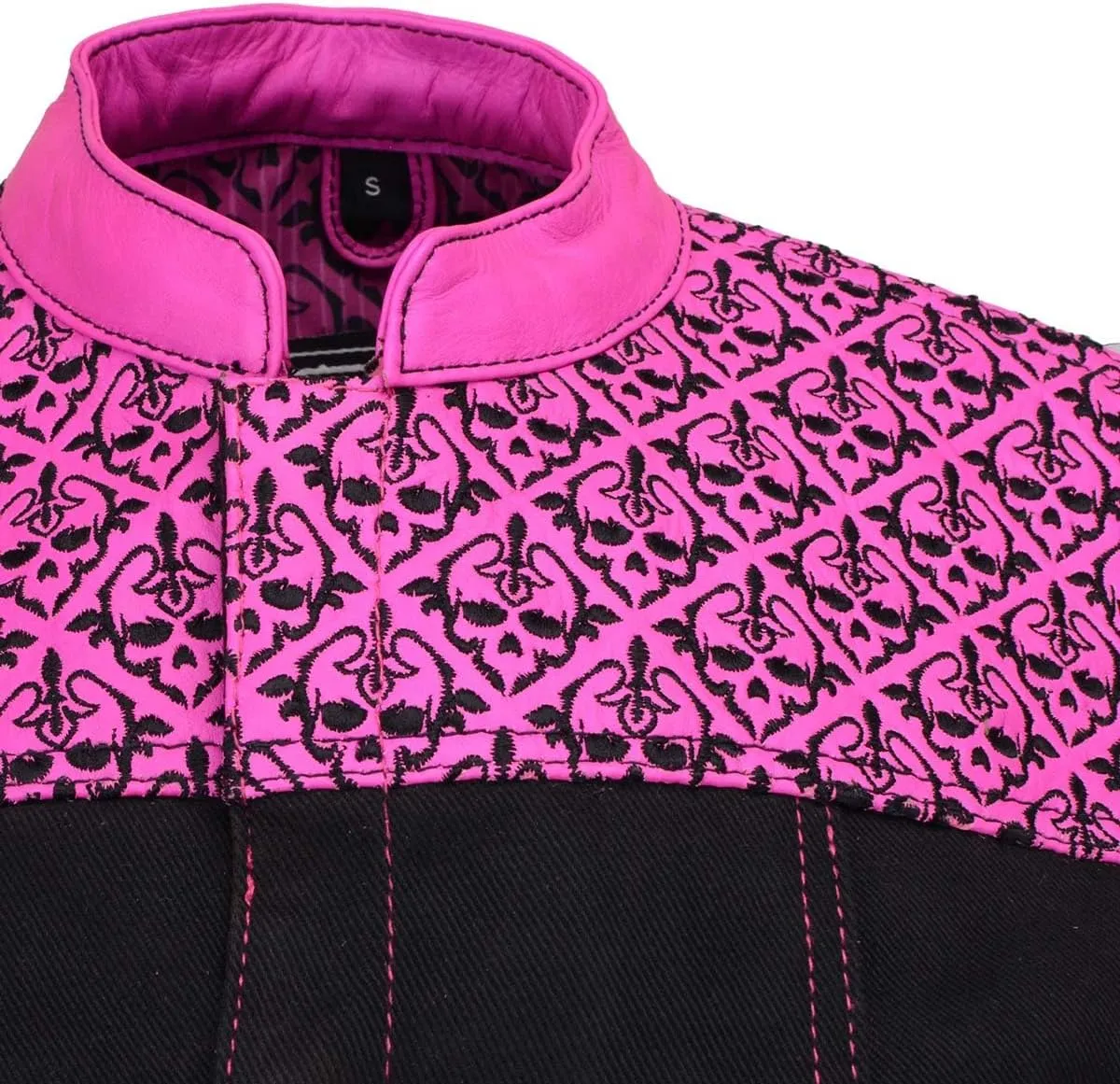 Milwaukee Leather MDL4051 Women's 'Skelly' Black with Pink Motorcycle Denim Vest w/Skull Embroidery - X-Large