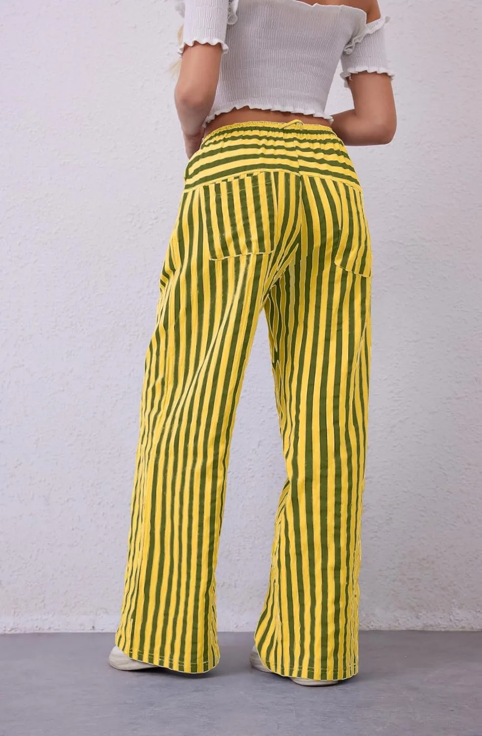 MINTLIMIT Women Striped Linen Pants Drawstring Casual Wide Leg Elastic Waist Trousers Loose Summer Lounge Pants with Pockets