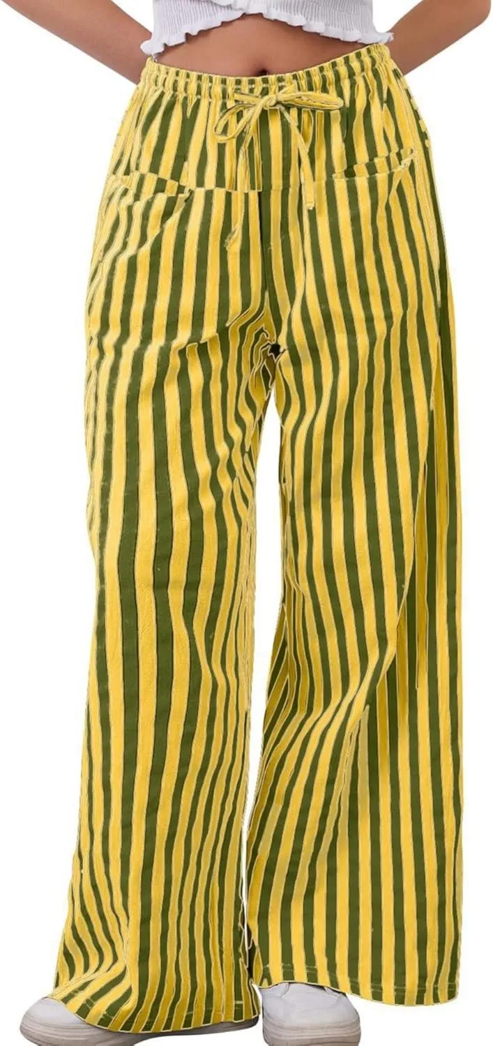 MINTLIMIT Women Striped Linen Pants Drawstring Casual Wide Leg Elastic Waist Trousers Loose Summer Lounge Pants with Pockets