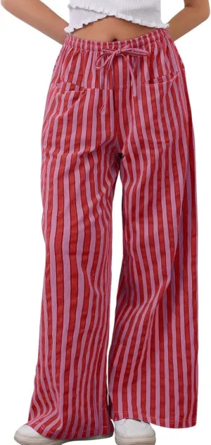 MINTLIMIT Women Striped Linen Pants Drawstring Casual Wide Leg Elastic Waist Trousers Loose Summer Lounge Pants with Pockets