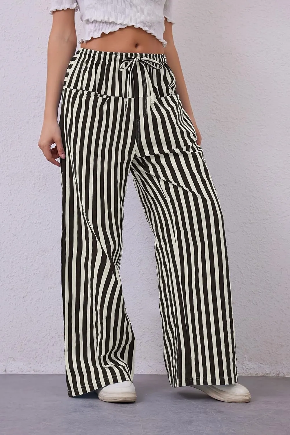MINTLIMIT Women Striped Linen Pants Drawstring Casual Wide Leg Elastic Waist Trousers Loose Summer Lounge Pants with Pockets