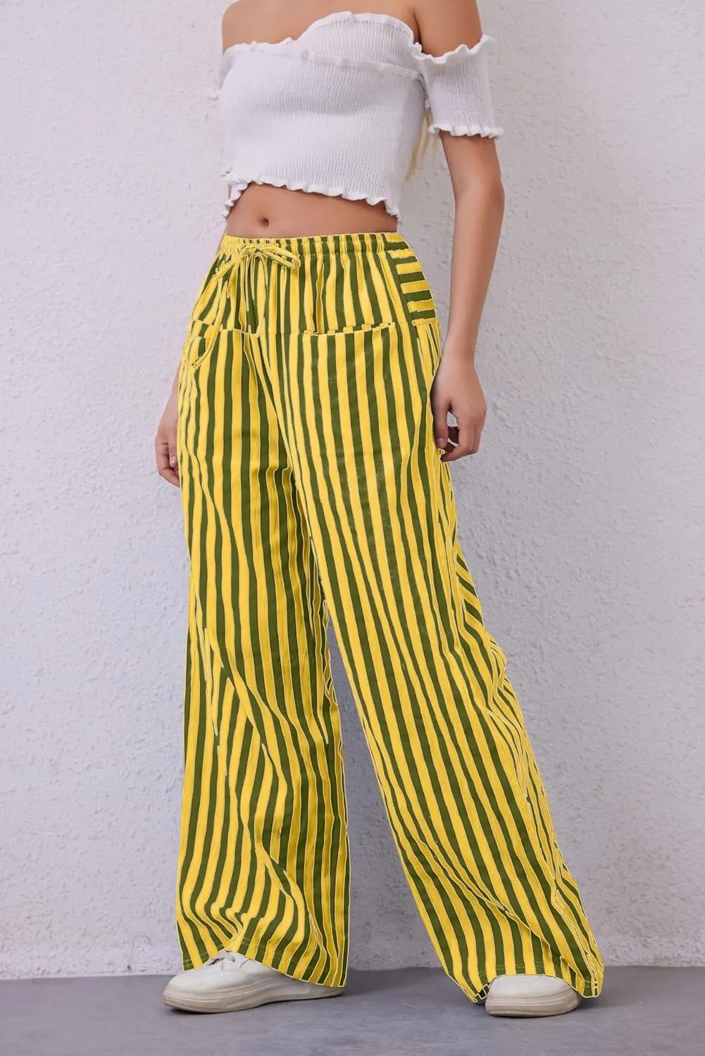 MINTLIMIT Women Striped Linen Pants Drawstring Casual Wide Leg Elastic Waist Trousers Loose Summer Lounge Pants with Pockets