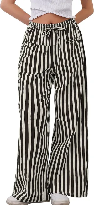 MINTLIMIT Women Striped Linen Pants Drawstring Casual Wide Leg Elastic Waist Trousers Loose Summer Lounge Pants with Pockets