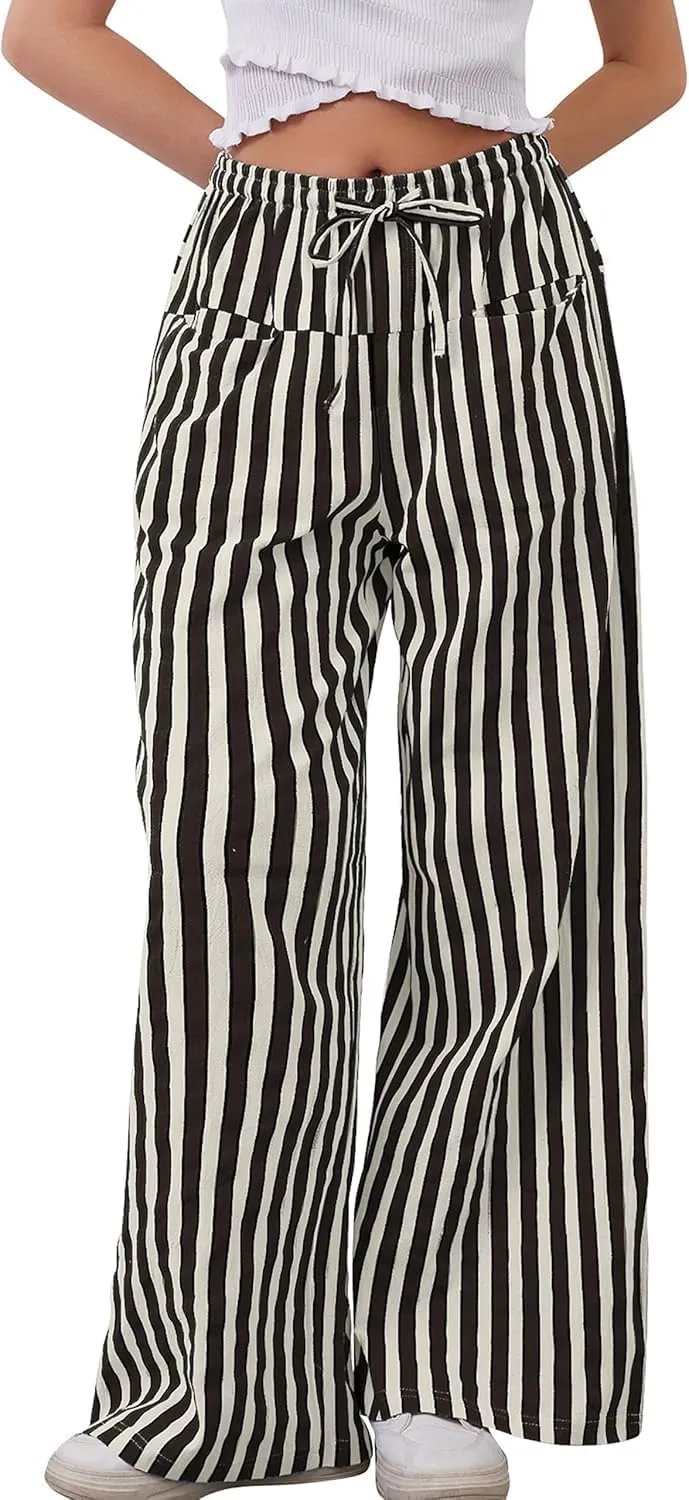 MINTLIMIT Women Striped Linen Pants Drawstring Casual Wide Leg Elastic Waist Trousers Loose Summer Lounge Pants with Pockets