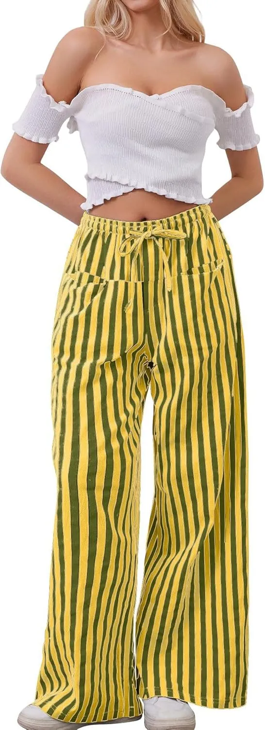 MINTLIMIT Women Striped Linen Pants Drawstring Casual Wide Leg Elastic Waist Trousers Loose Summer Lounge Pants with Pockets
